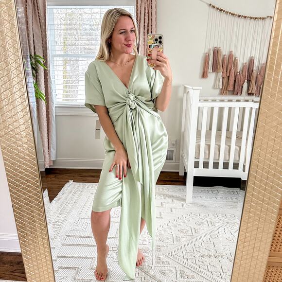 EDUN Liquid Satin Tie Waist Short Sleeve Dress Jade 2 $1100 - Picture 1 of 9